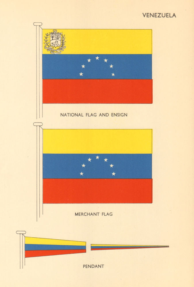 VENEZUELA FLAGS. National Flag and Ensign, Merchant Flag, Pendant 1955 print
